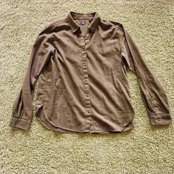 Uniqlo Brown Cotton Blend Button Up Collared Long-Sleeve Shirt, Size Medium - Picture 1 of 6